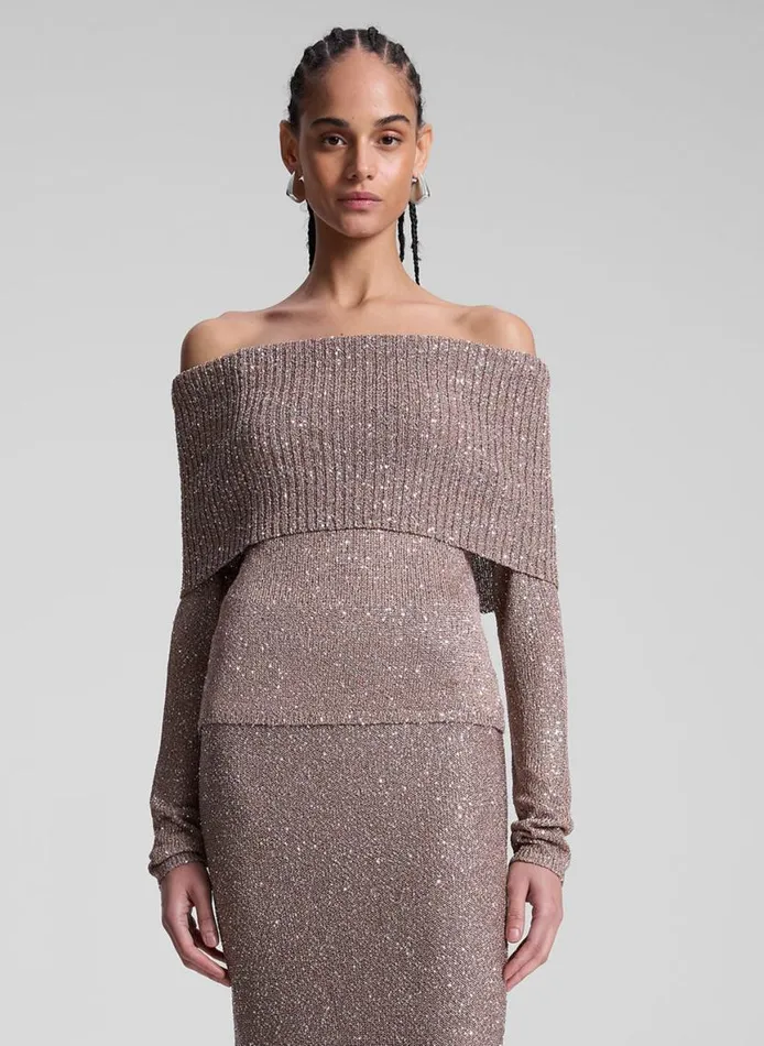 ALC Evelyn Metallic Knit Off Shoulder Top Mauvesilver Women Tops