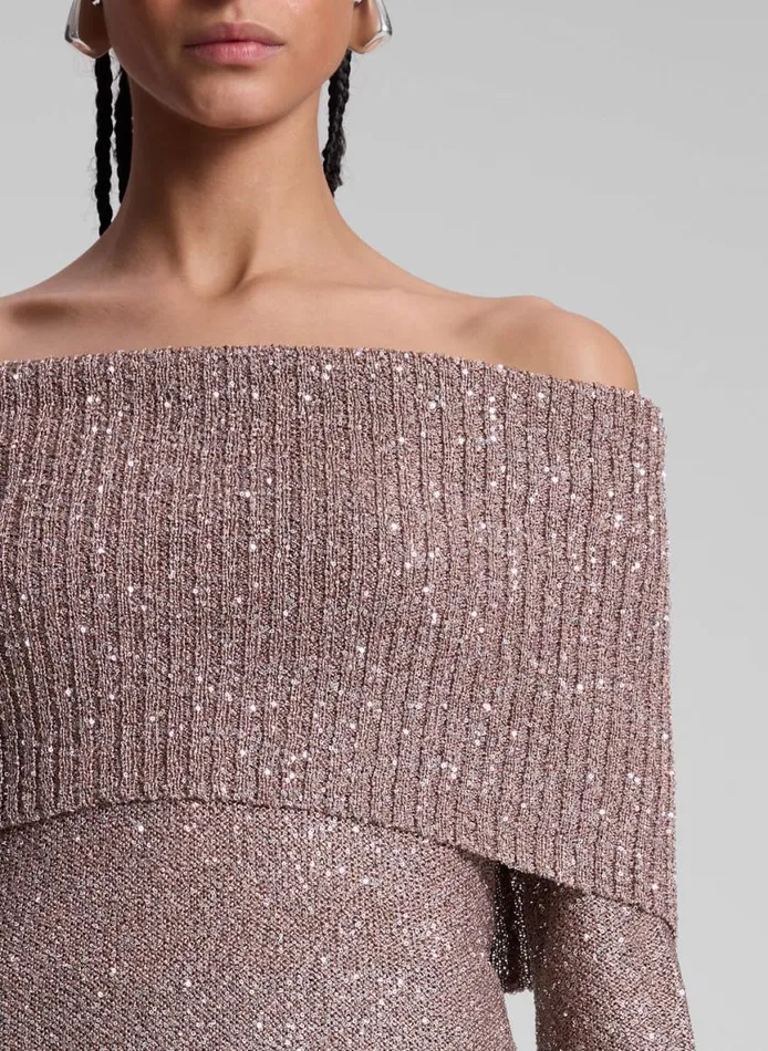 ALC Evelyn Metallic Knit Off Shoulder Top Mauvesilver Women Tops
