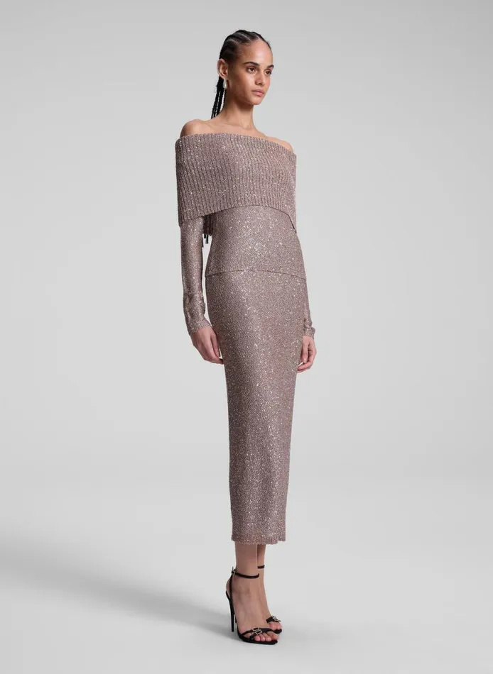 ALC Evelyn Metallic Knit Off Shoulder Top Mauvesilver Women Tops