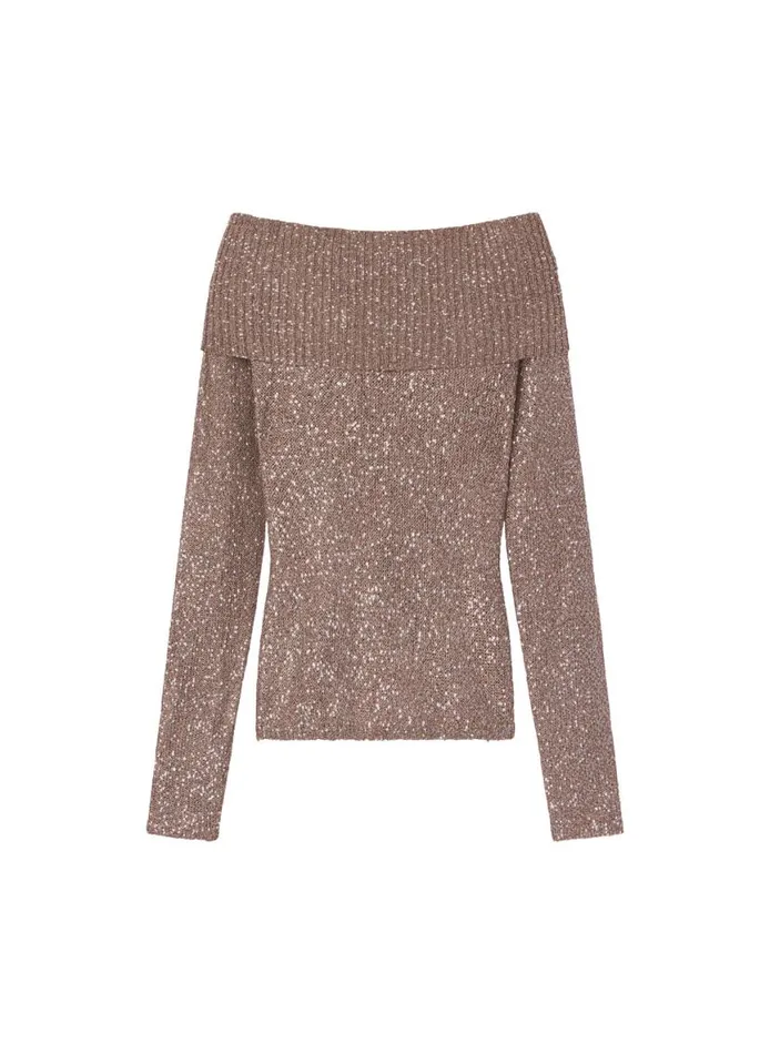 ALC Evelyn Metallic Knit Off Shoulder Top Mauvesilver Women Tops