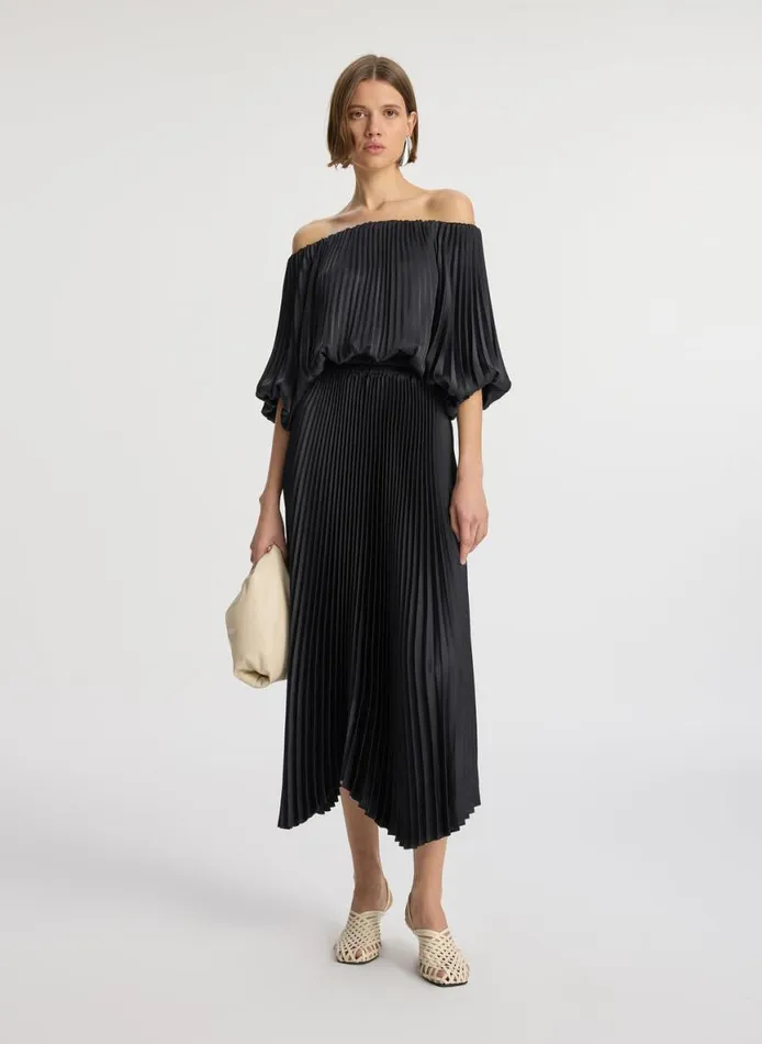 ALC Sienna Satin Pleated Off Shoulder Dress Black Women Dresses