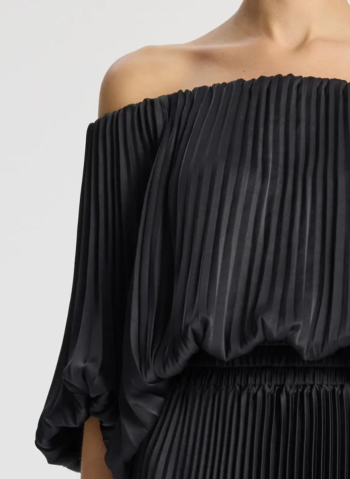 ALC Sienna Satin Pleated Off Shoulder Dress Black Women Dresses
