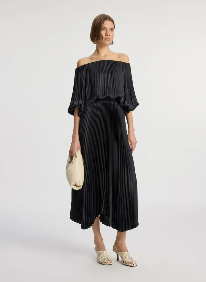 ALC Sienna Satin Pleated Off Shoulder Dress Black Women Dresses
