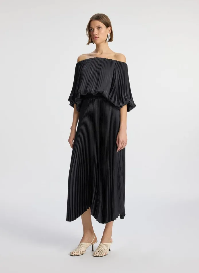 ALC Sienna Satin Pleated Off Shoulder Dress Black Women Dresses