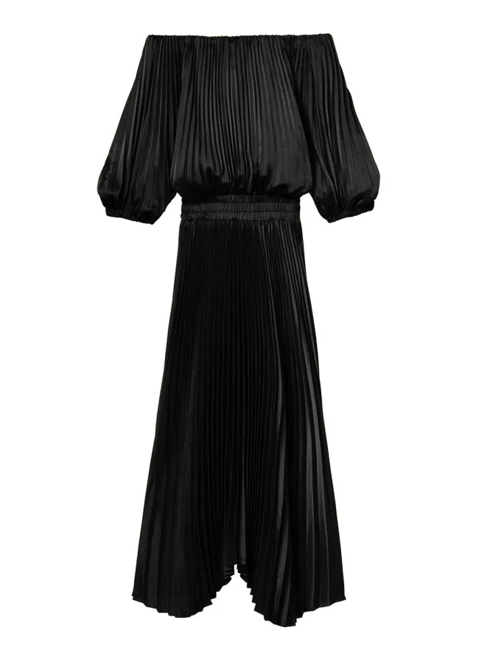 ALC Sienna Satin Pleated Off Shoulder Dress Black Women Dresses