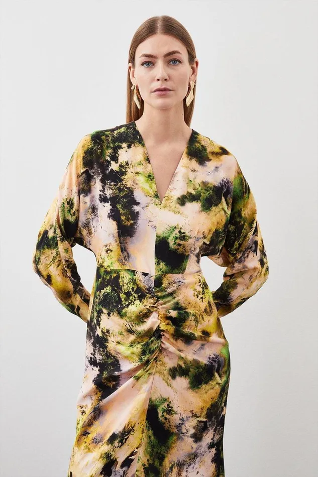 Abstract Print Viscose Satin Batwing Long Sleeve Midi Dress Multi Women Karen Millen Dresses