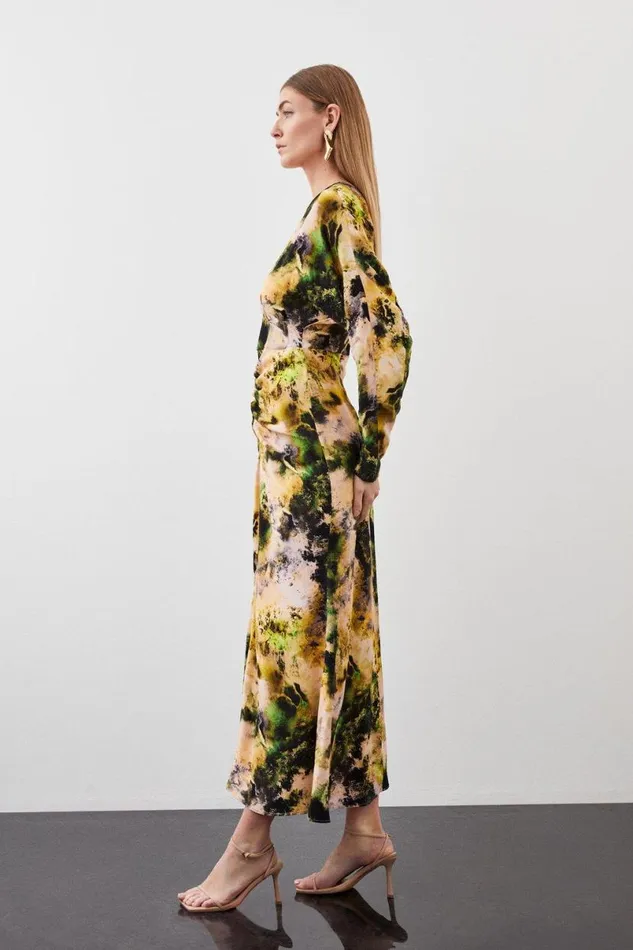 Abstract Print Viscose Satin Batwing Long Sleeve Midi Dress Multi Women Karen Millen Dresses