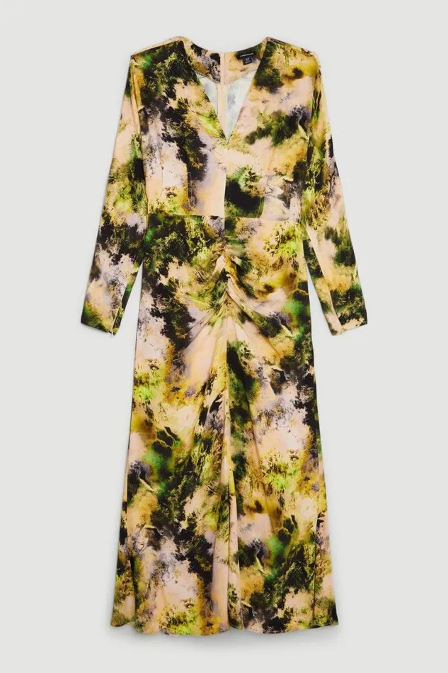 Abstract Print Viscose Satin Batwing Long Sleeve Midi Dress Multi Women Karen Millen Dresses