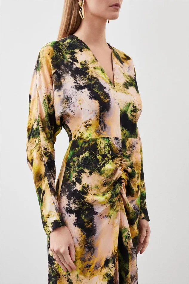 Abstract Print Viscose Satin Batwing Long Sleeve Midi Dress Multi Women Karen Millen Dresses