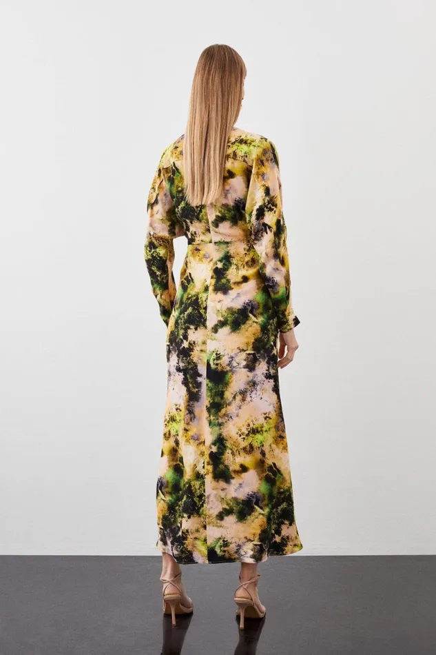 Abstract Print Viscose Satin Batwing Long Sleeve Midi Dress Multi Women Karen Millen Dresses