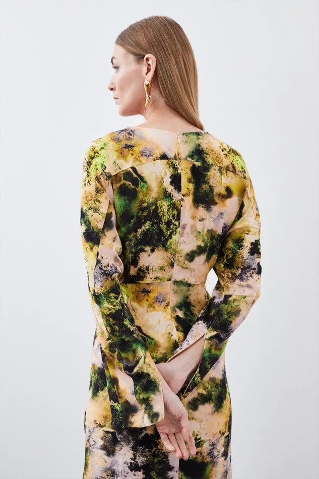 Abstract Print Viscose Satin Batwing Long Sleeve Midi Dress Multi Women Karen Millen Dresses