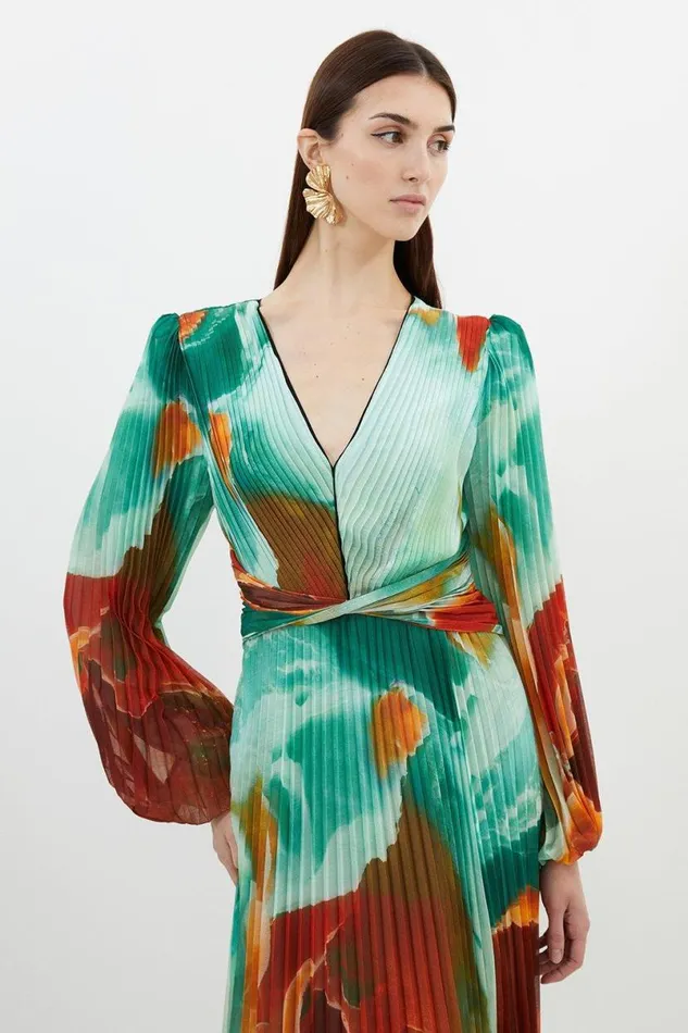Abstract Printed Soft Pleated Woven Maxi Dress Multi Women Karen Millen Dresses