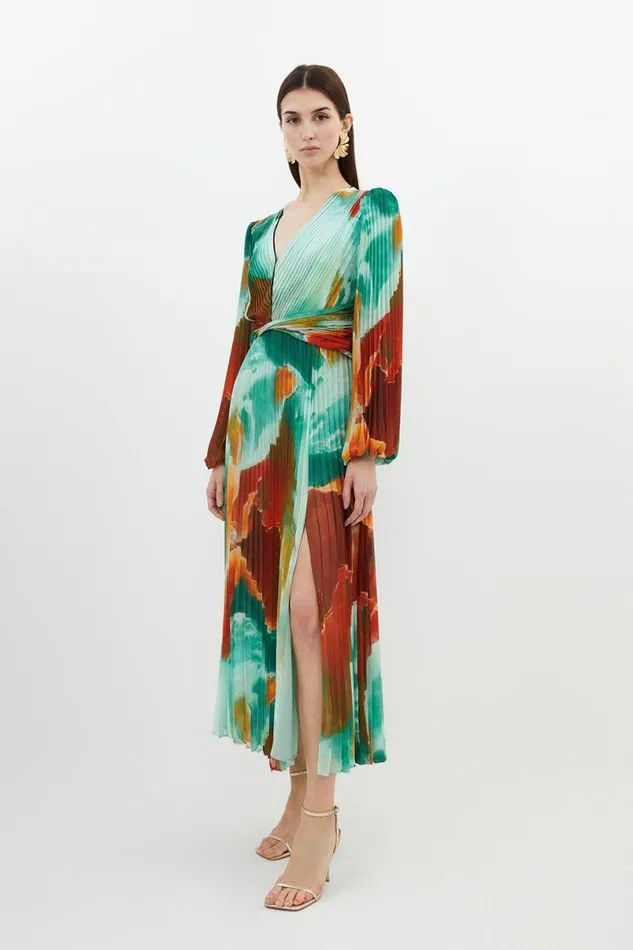Abstract Printed Soft Pleated Woven Maxi Dress Multi Women Karen Millen Dresses