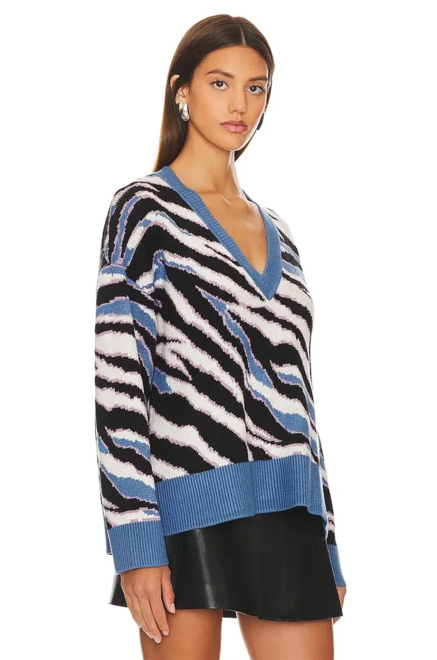Abstract V Neck Sweater Blue Multi Stripe Women Lovers Friends Sweaters and Knits