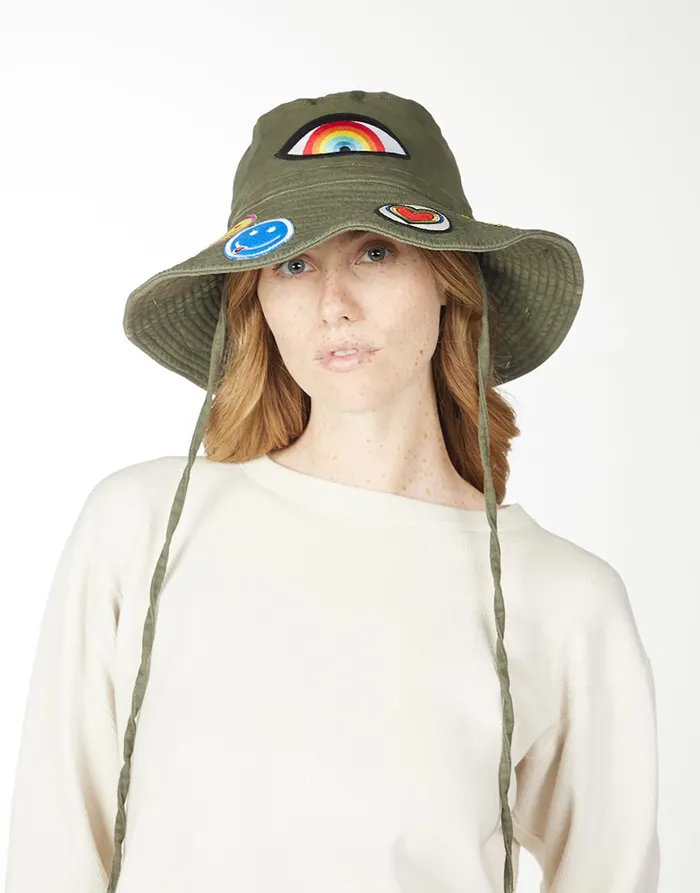 Adina Bucket Hat W Happy Hippie Patches Military Women039s Lauren Moshi Hats Adina Bucket Hat W Happy Hippie Patches Military Women039s Lauren Moshi Hats