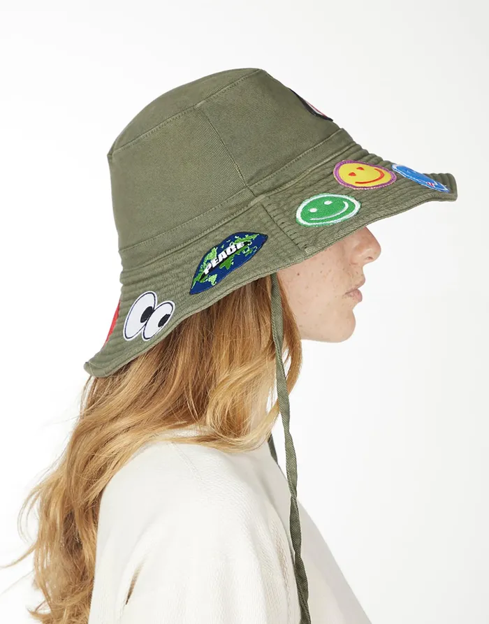 Adina Bucket Hat W Happy Hippie Patches Military Women039s Lauren Moshi Hats Adina Bucket Hat W Happy Hippie Patches Military Women039s Lauren Moshi Hats