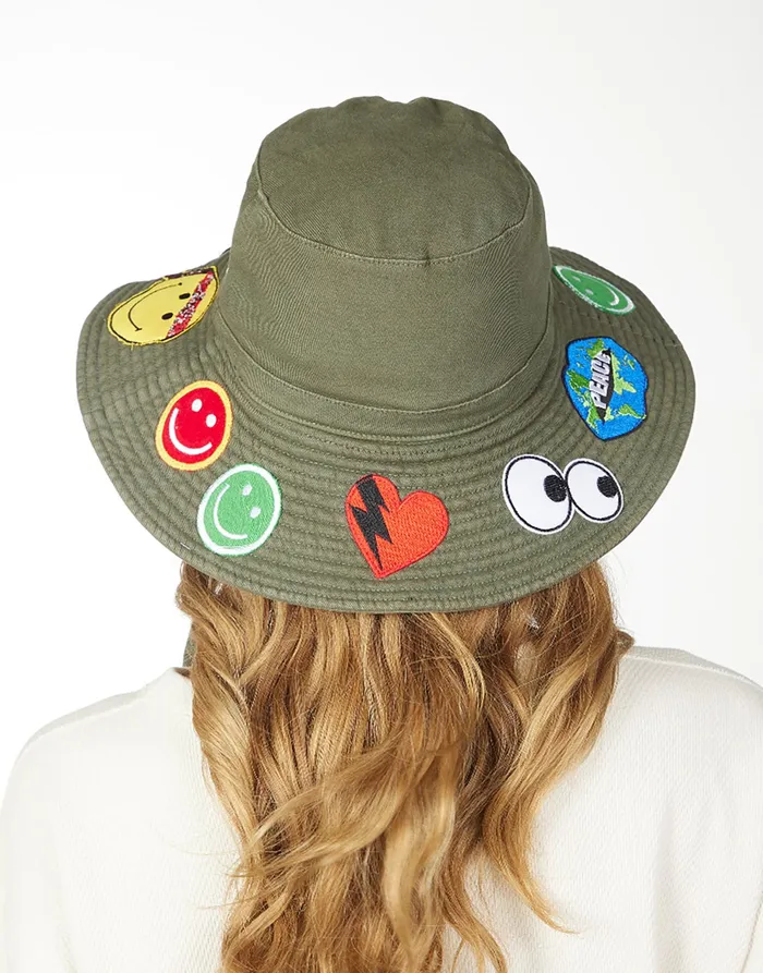 Adina Bucket Hat W Happy Hippie Patches Military Women039s Lauren Moshi Hats Adina Bucket Hat W Happy Hippie Patches Military Women039s Lauren Moshi Hats