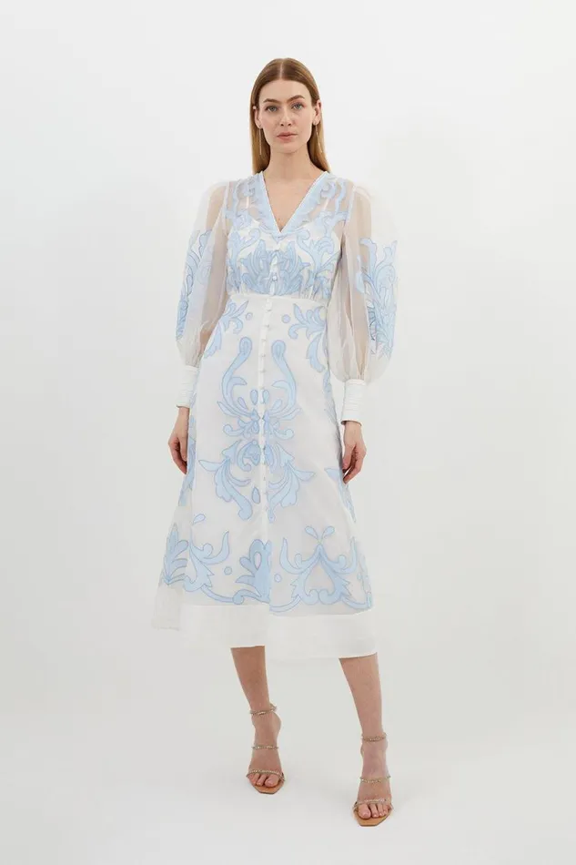 Applique Organdie Buttoned Woven Maxi Dress Baby Blue Women Karen Millen Dresses