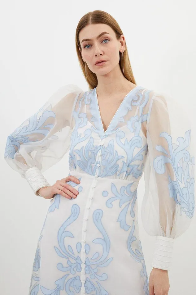 Applique Organdie Buttoned Woven Maxi Dress Baby Blue Women Karen Millen Dresses