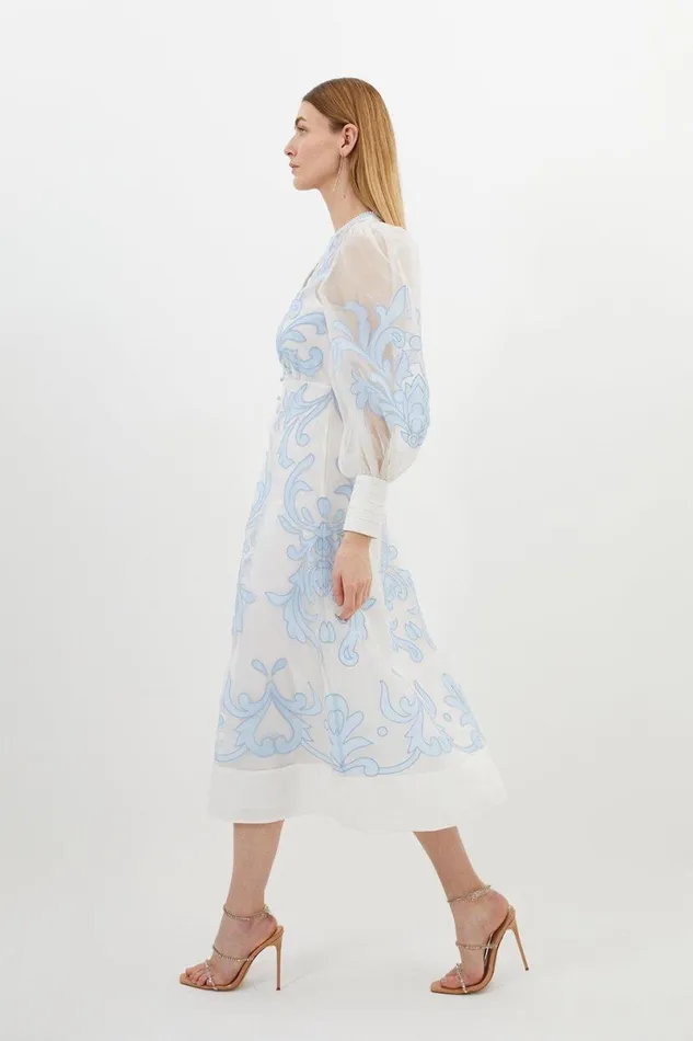Applique Organdie Buttoned Woven Maxi Dress Baby Blue Women Karen Millen Dresses