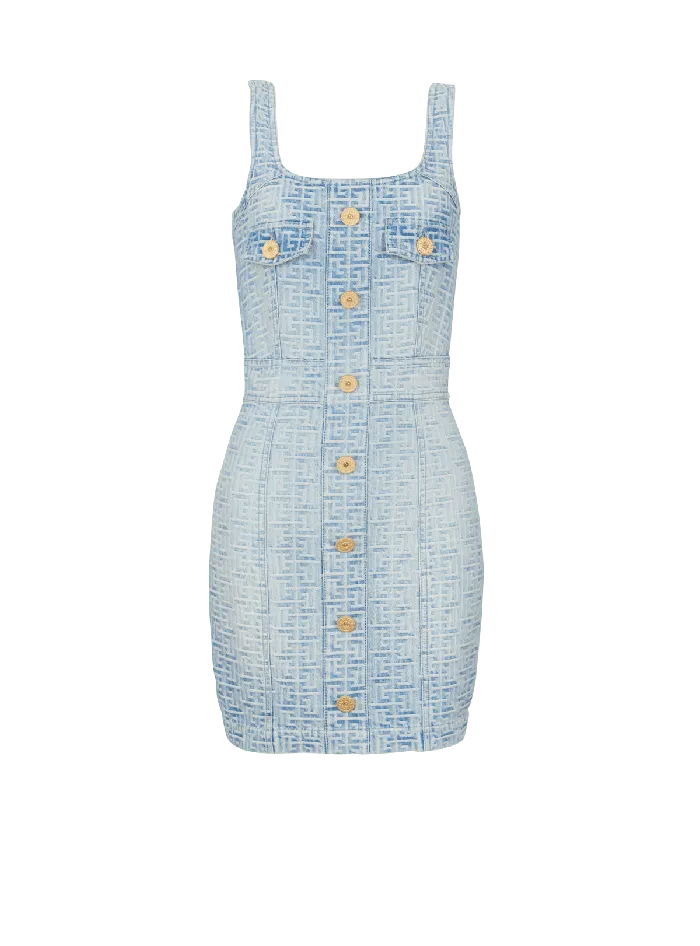 Balmain Denim Women Monogrammed Short Denim Dress Blue