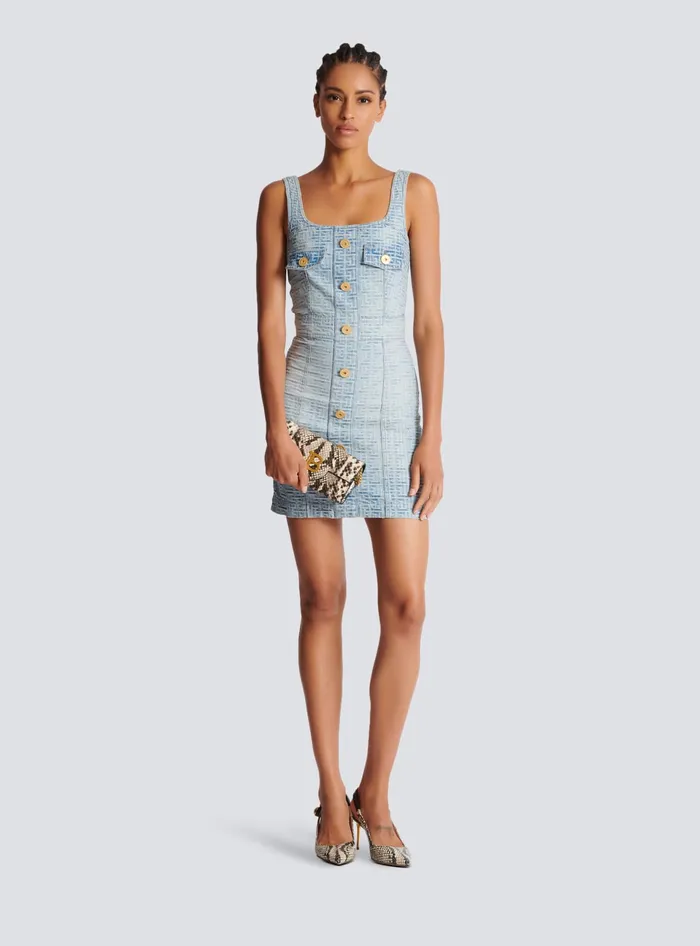 Balmain Denim Women Monogrammed Short Denim Dress Blue