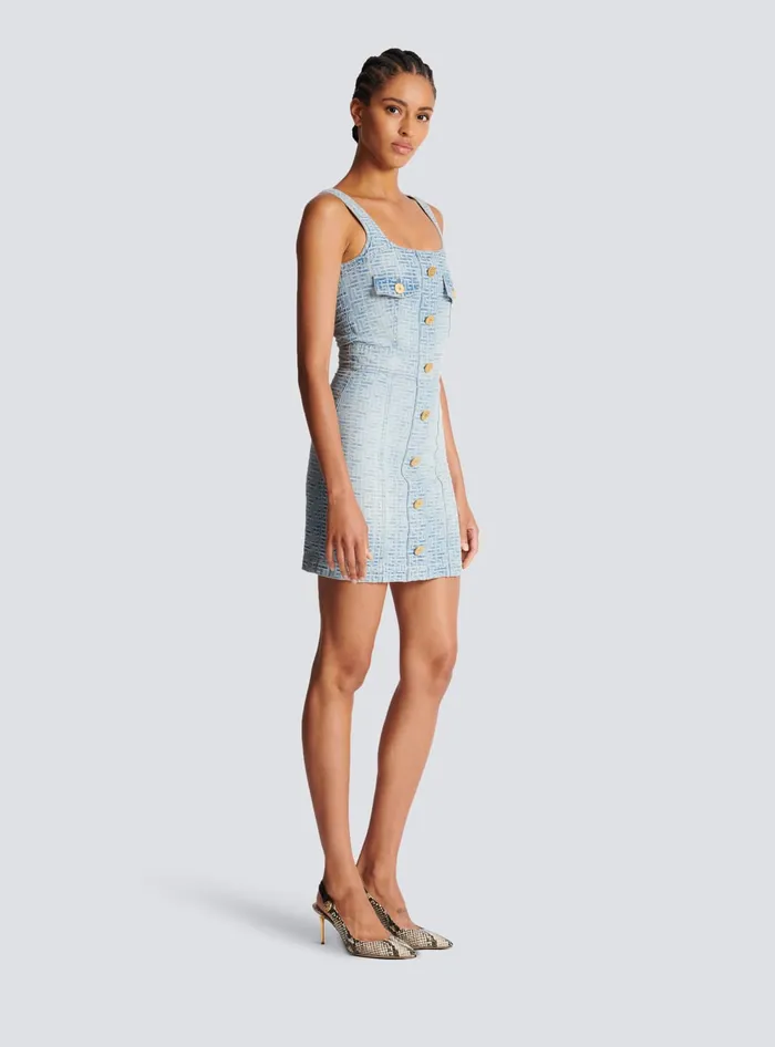 Balmain Denim Women Monogrammed Short Denim Dress Blue