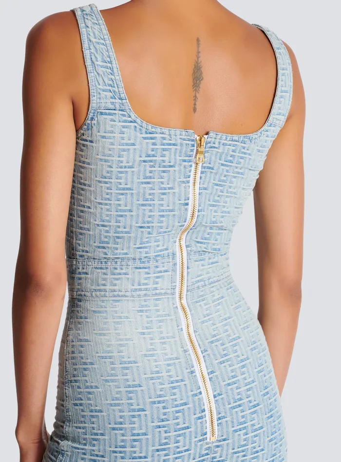Balmain Denim Women Monogrammed Short Denim Dress Blue