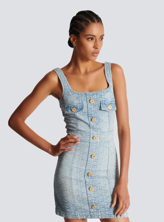 Balmain Denim Women Monogrammed Short Denim Dress Blue
