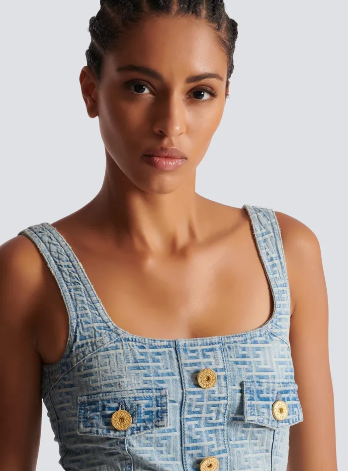 Balmain Denim Women Monogrammed Short Denim Dress Blue