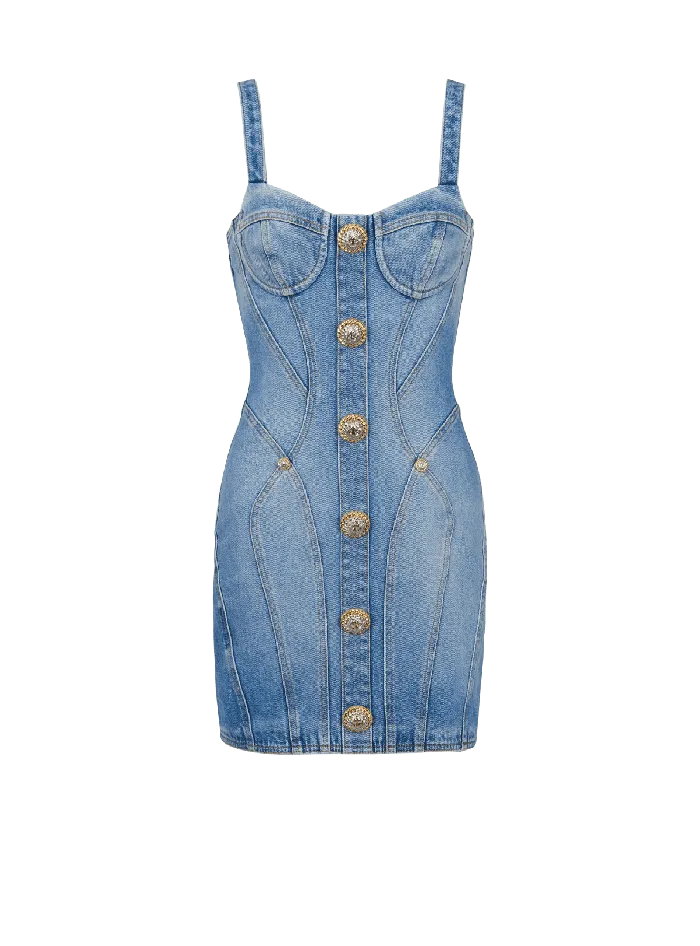 Balmain Dresses Women Buttoned Short Denim Dress Blue