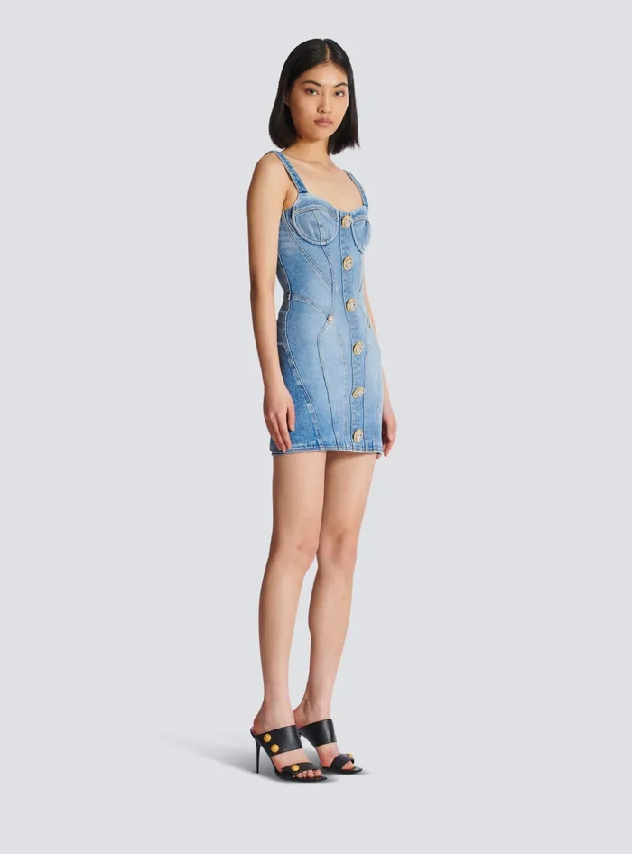 Balmain Dresses Women Buttoned Short Denim Dress Blue