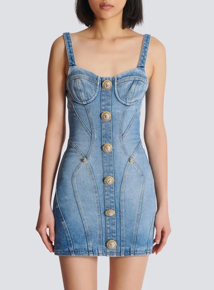 Balmain Dresses Women Buttoned Short Denim Dress Blue