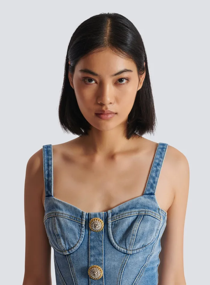 Balmain Dresses Women Buttoned Short Denim Dress Blue