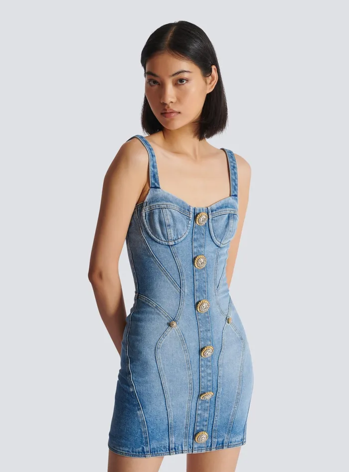 Balmain Dresses Women Buttoned Short Denim Dress Blue
