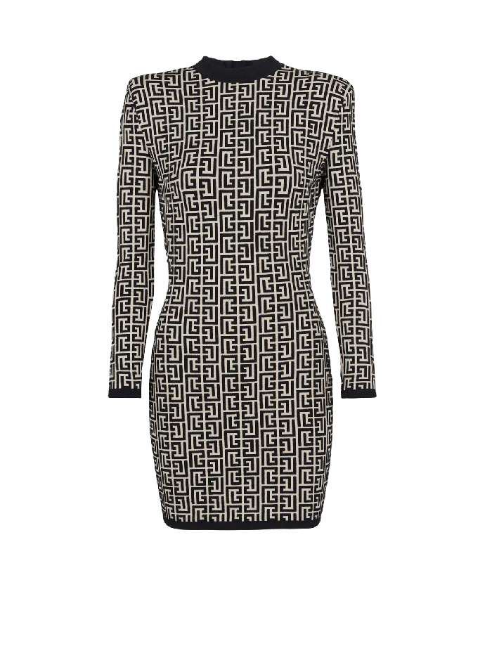 Balmain Dresses Women Short Bicolor Jacquard Dress With Monogram Black