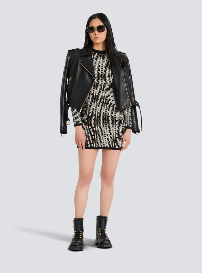 Balmain Dresses Women Short Bicolor Jacquard Dress With Monogram Black