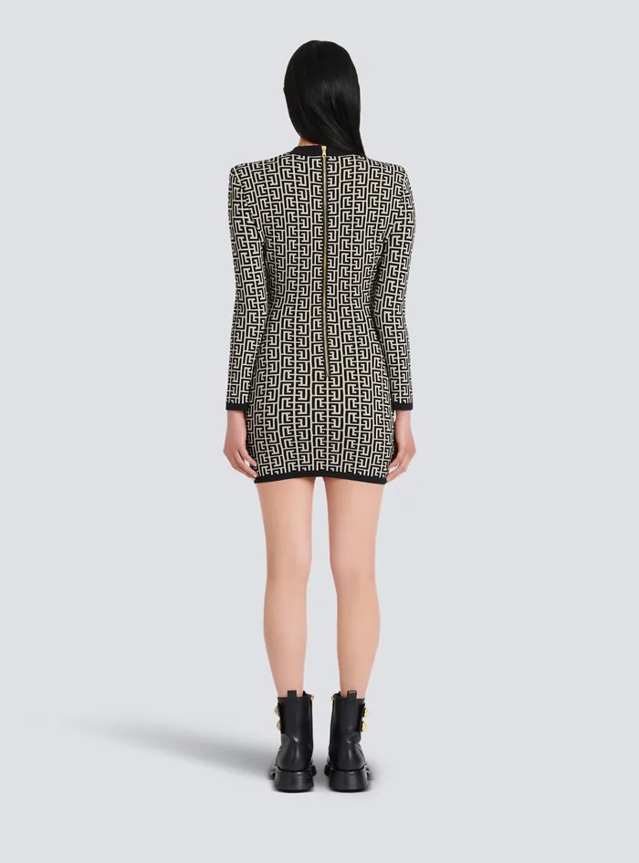 Balmain Dresses Women Short Bicolor Jacquard Dress With Monogram Black