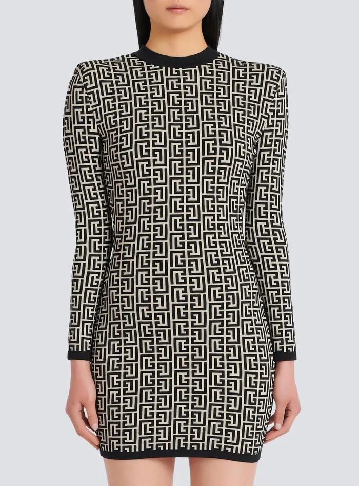 Balmain Dresses Women Short Bicolor Jacquard Dress With Monogram Black
