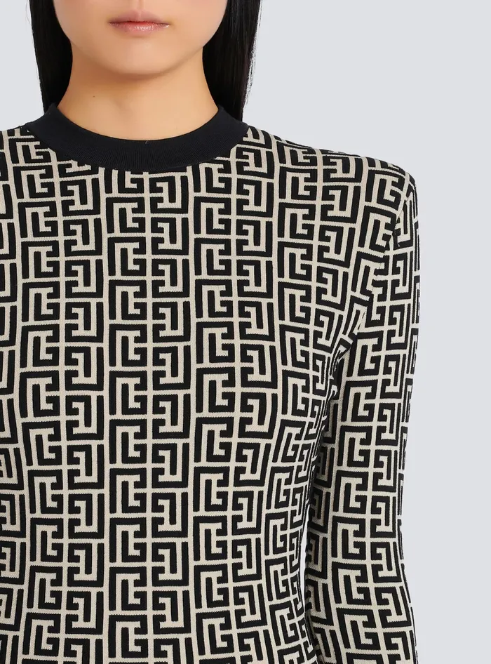 Balmain Dresses Women Short Bicolor Jacquard Dress With Monogram Black