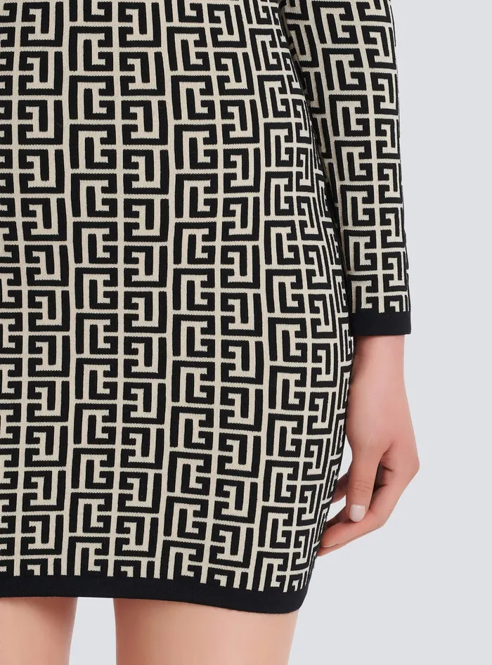 Balmain Dresses Women Short Bicolor Jacquard Dress With Monogram Black