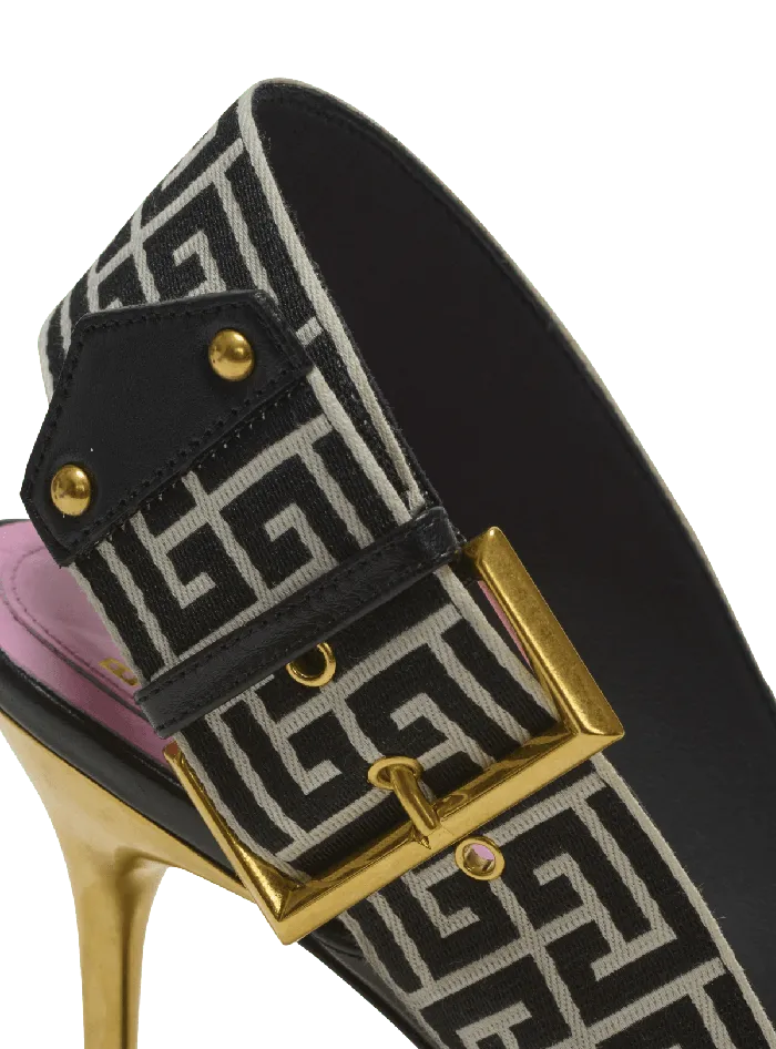 Balmain High Heels and Pumps Women Ruby Sandals In Calfskin And PB Labyrinth Canvas Black