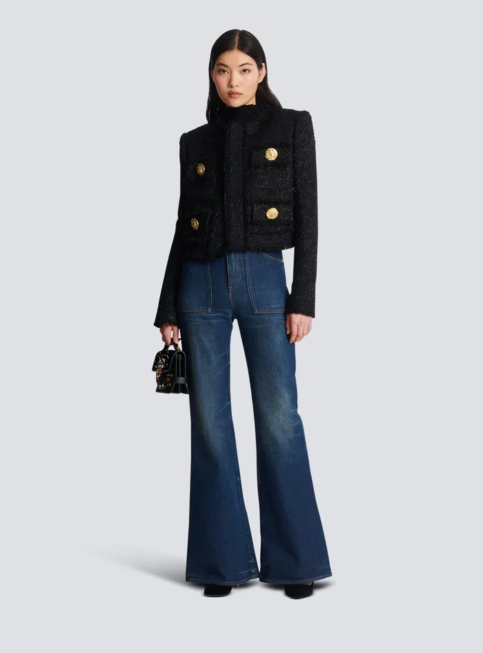 Balmain Jackets And Blazers Women Cropped Lurex Tweed Jacket Black