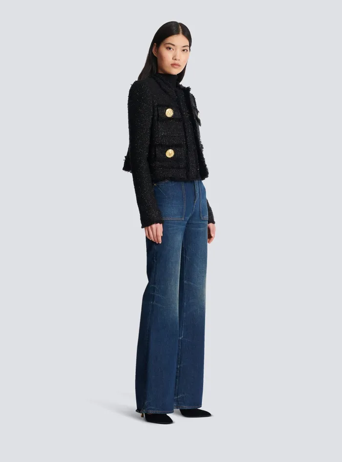 Balmain Jackets And Blazers Women Cropped Lurex Tweed Jacket Black