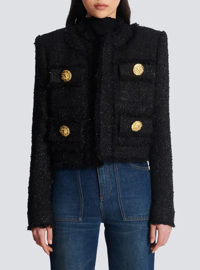 Balmain Jackets And Blazers Women Cropped Lurex Tweed Jacket Black