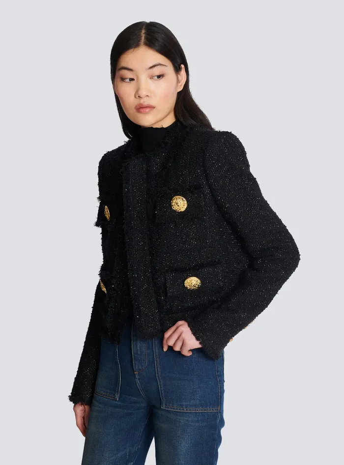 Balmain Jackets And Blazers Women Cropped Lurex Tweed Jacket Black