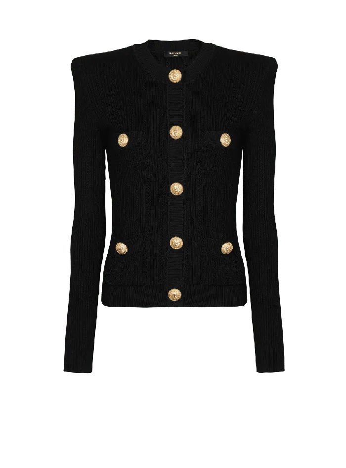 Balmain Knitwear Women Cropped Ecodesigned Knit Cardigan With Goldtone Buttons Black