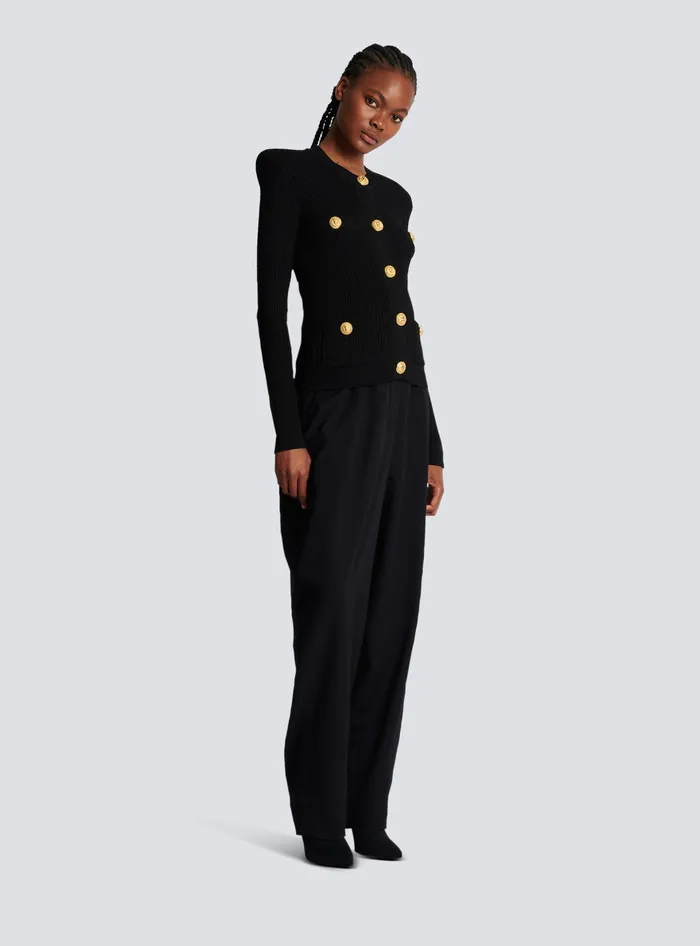 Balmain Knitwear Women Cropped Ecodesigned Knit Cardigan With Goldtone Buttons Black