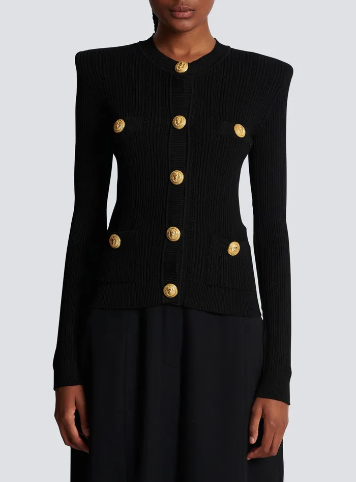 Balmain Knitwear Women Cropped Ecodesigned Knit Cardigan With Goldtone Buttons Black