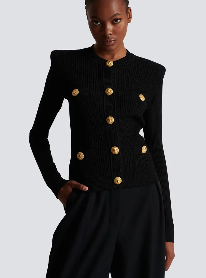 Balmain Knitwear Women Cropped Ecodesigned Knit Cardigan With Goldtone Buttons Black